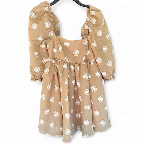 Storia Dresses & Skirts - STORIA Tan Puff Sleeve Floral Applique Babydoll Mini Dress Coquette Fairy | Sz S